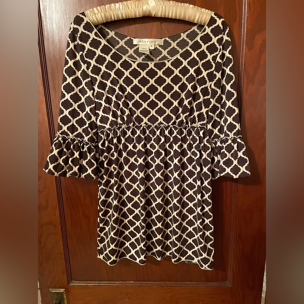 Studio M, Chocolate Brown, Patterned, 3/4 sleeve, babydoll top, Medium
